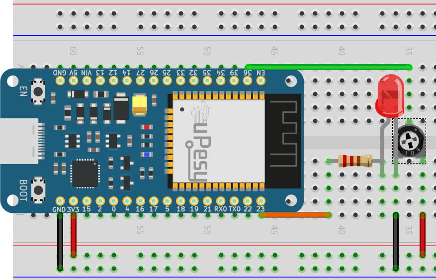 Wiring diagram esp32 adc potentiometer with LED