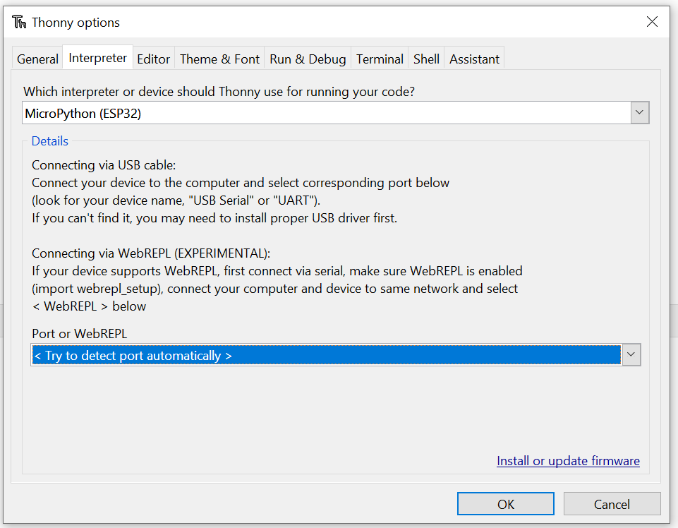 select the micropython interpreter esp32