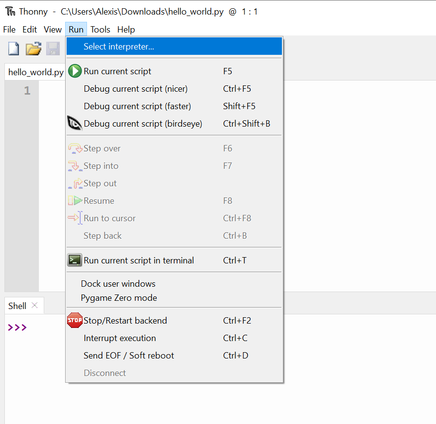 select the interpreter in thonny ide